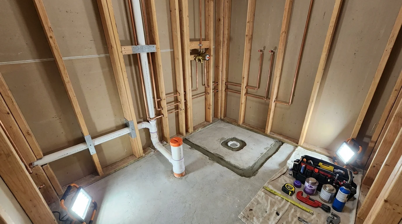Bathroom rough-in plumbing during remodel by Johns Plumbing LLC in Sea Cliff