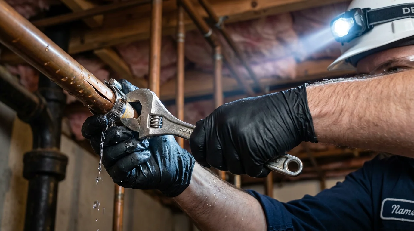 Emergency pipe clamp repair being performed by a Johns Plumbing LLC plumber in Sea Cliff