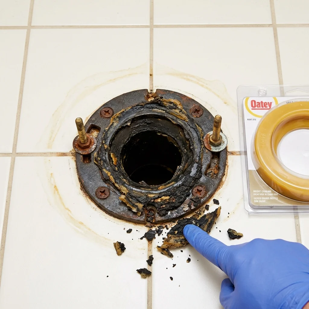 Failed wax ring showing water seepage at the base of a toilet in a Sea Cliff, NY home