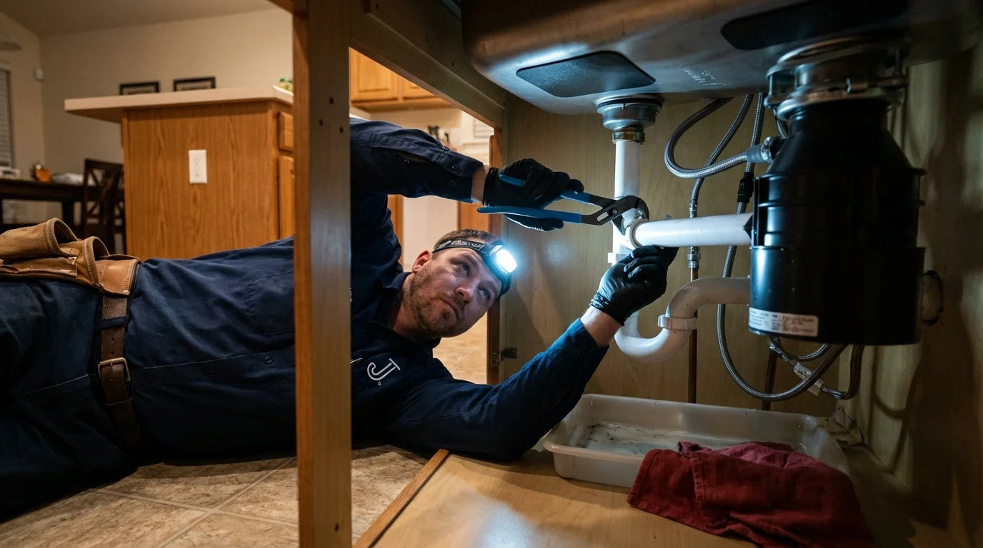 P-trap and supply line connections under a kitchen sink showing a common leak point in Sea Cliff, NY